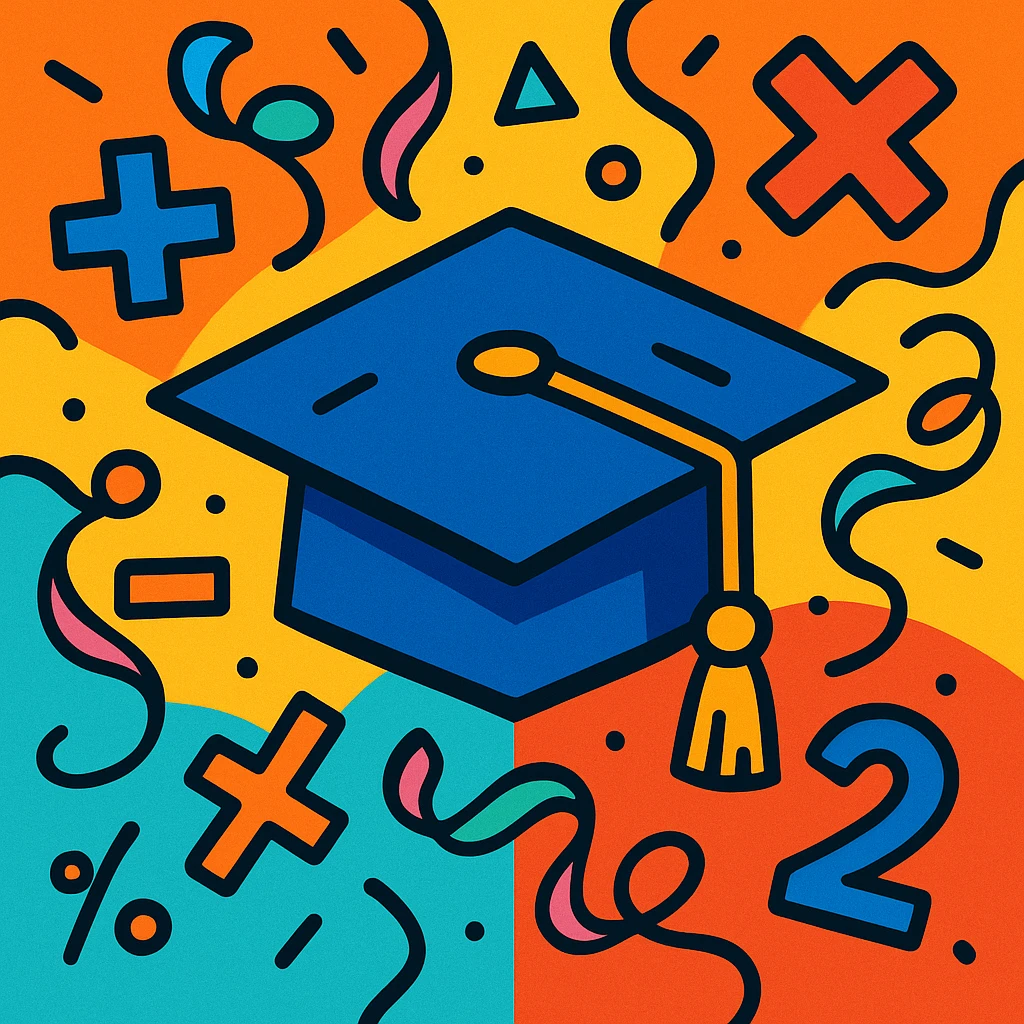 vibrant image of a graduation cap surrounded by math symbols and streamers, representing the end of math class emoji