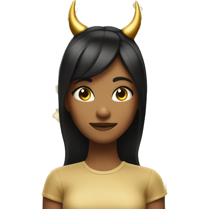Girl with tan skin devil horns with white and gold on each side gold shirt black hair emoji