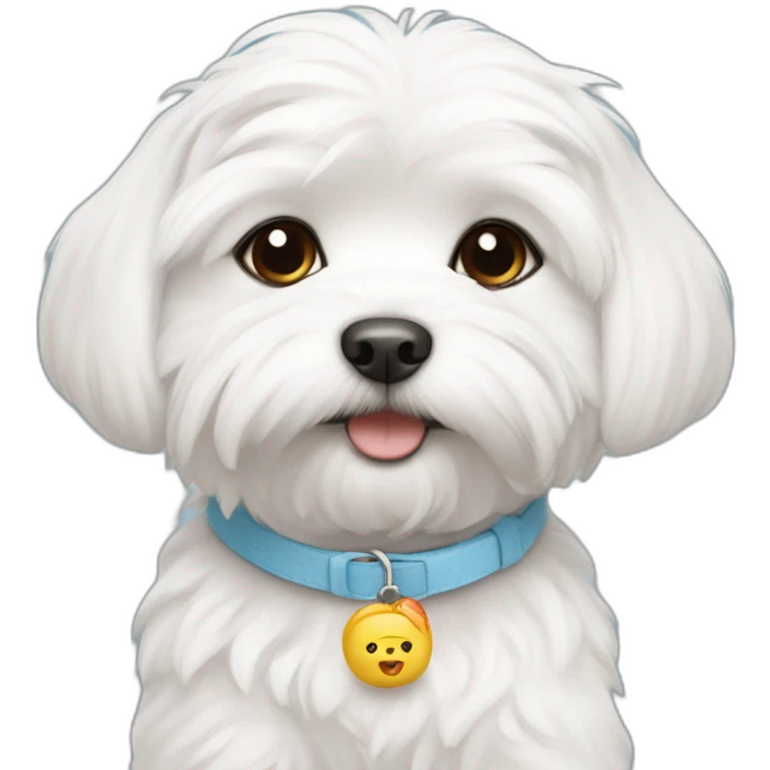 maltese puppy with collar that says Kimchi emoji
