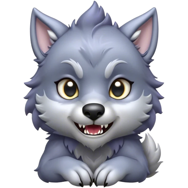 Cinematic Cute Werewolf Portrait Emoji, with a cuddly, miniature lupine form in soft moonlit grays and silvers, featuring oversized sparkling eyes and a sweet, endearing snarl, simplified yet irresistibly adorable, highly detailed with a gentle glowing outline that captures the playful, heartwarming essence of a little werewolf! emoji
