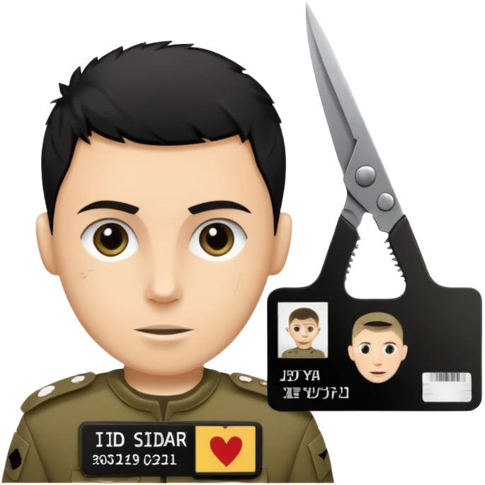 black Scissors cutting an idf soldier ID card in 2 parts .hyper realistic emoji