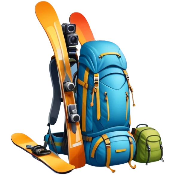 Icon for Mountain Tourism: a snowy peak with skis, a snowboard, climbing equipment, a backpack and a camera. The icon should represent the adventure and excitement of mountain travel and outdoor exploration. Transparent background. emoji