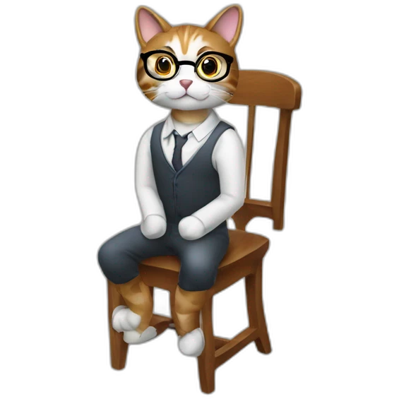 a cat phd student sit on a chair desk with glasses and dress emoji