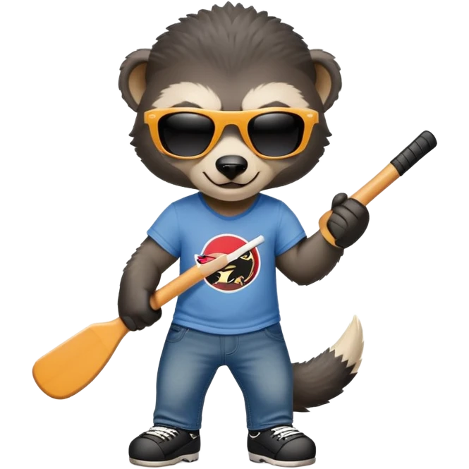 mischievous anthropomorphised honey badger in jeans and a t-shirt, wearing sunglasses, holding a hockey stick emoji