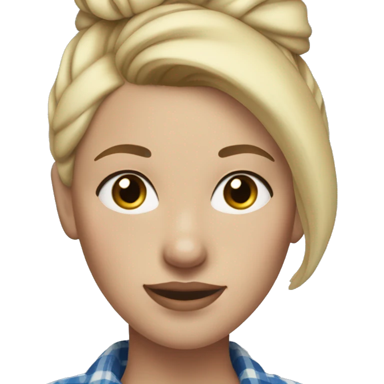 Blonde woman with freckles, blonde hair in a high bun, blue flannel, and gap in her tee emoji