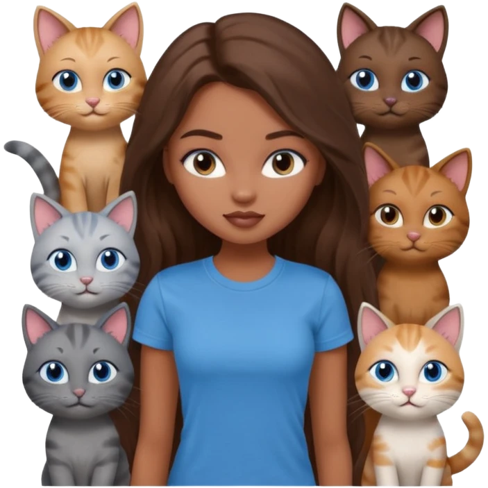 a pretty bratz dusky girl with long brown hair, blue eyes with six cats nd wearing a grey tshirt emoji