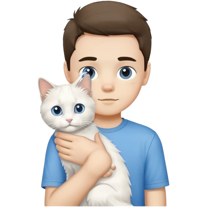 boy wearing blue short sleeve shirt with white ragdoll cat emoji
