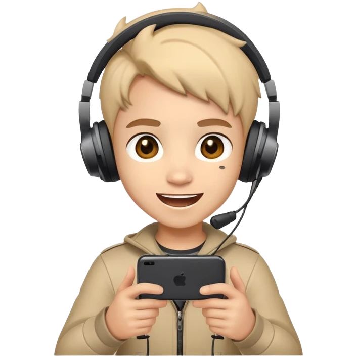 Cute cartoon character with gaming headset holding a mobile phone playing Free Fire, with excited eyes and happy expression emoji