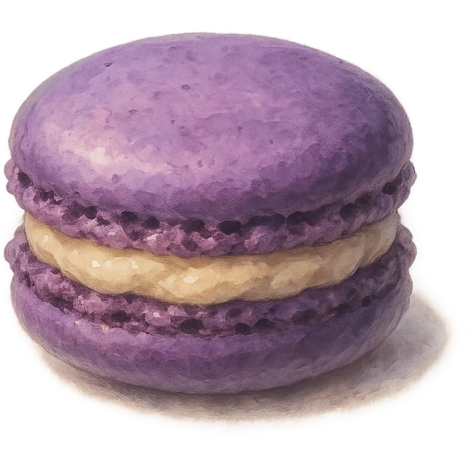 realistic Ghibli style purple macaron with creamy filling, soft painterly look, magical and appetizing emoji