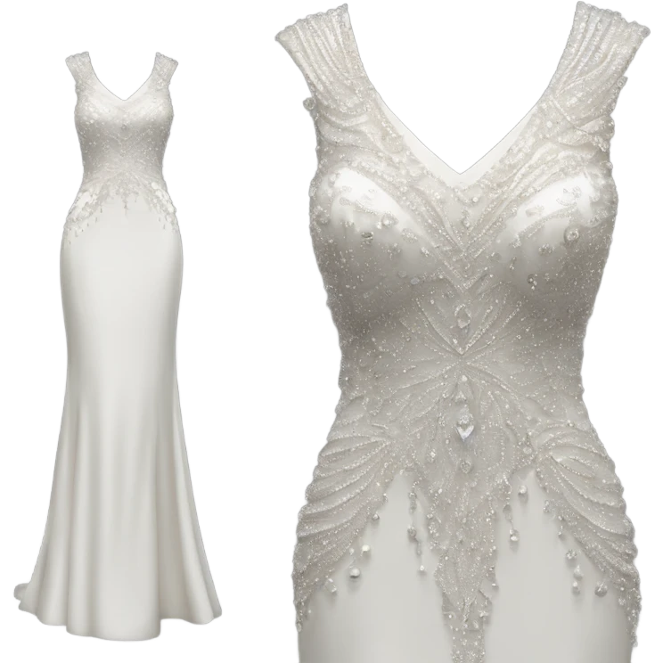 Hyper Realistic ornate 
Minimalistic diamonds and peals sheath Wedding dress displays emoji