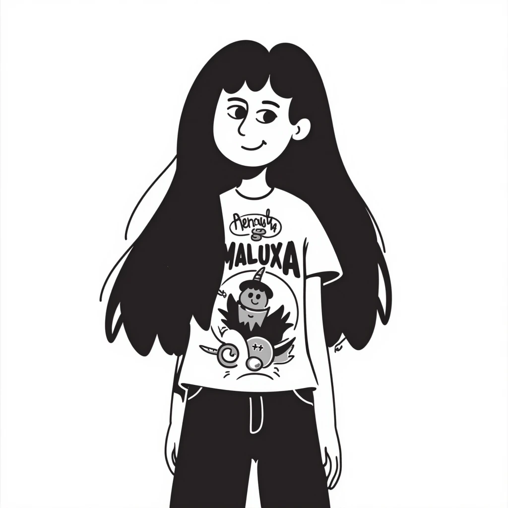 A person with long black hair, wearing a heavy metal band shirt, with a cool smirk on their face emoji