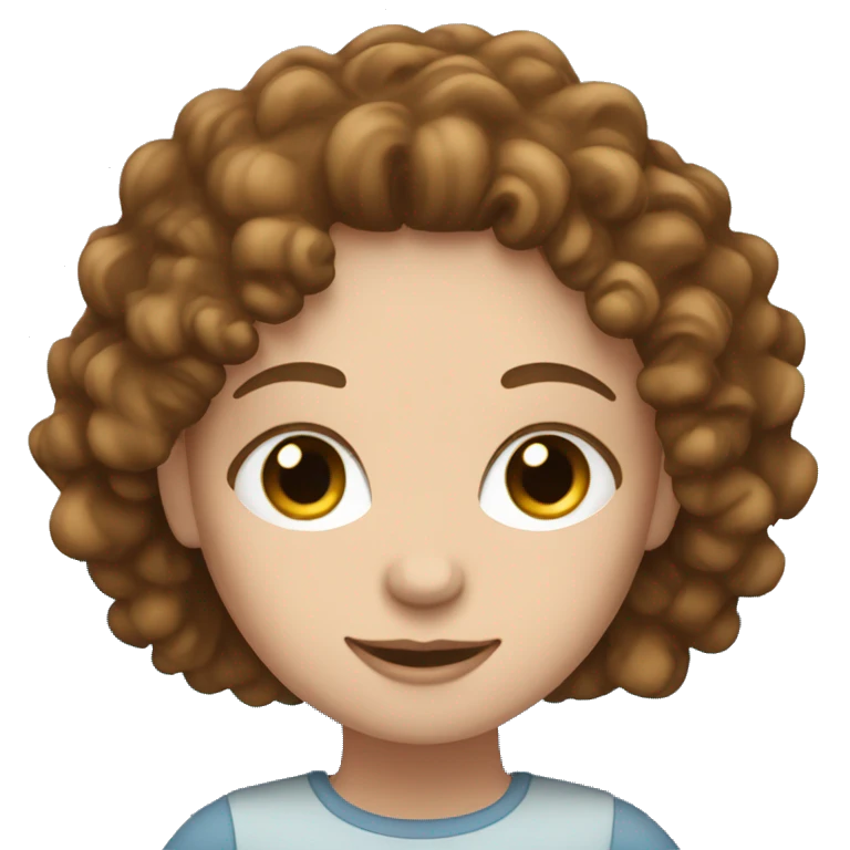 A white girl with brown curly hair and blue eyes is working on a laptop emoji