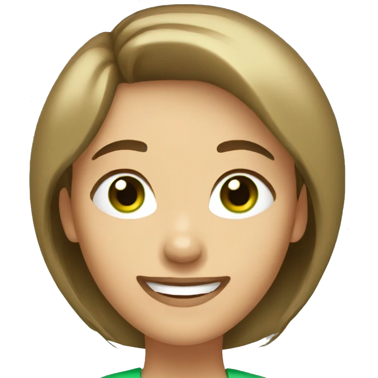 woman face with short  bob brown hair and green eyes, huge smile emoji