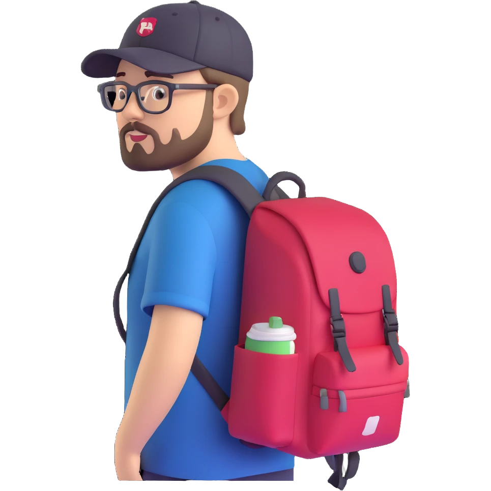adventurer with goatee beard (no beard on cheeks), short hair, glasses, backwards baseball cap and backpack emoji