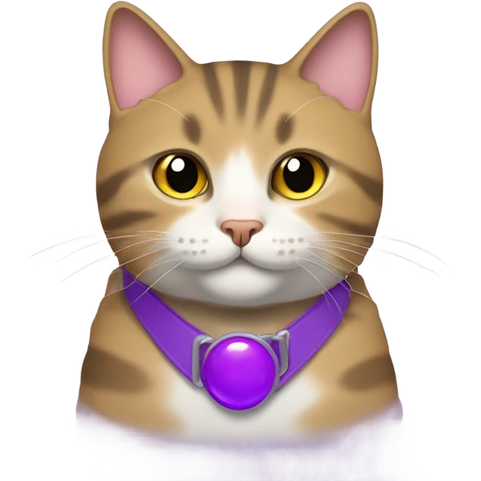 fat tabby cat with purple collar with a small bell emoji