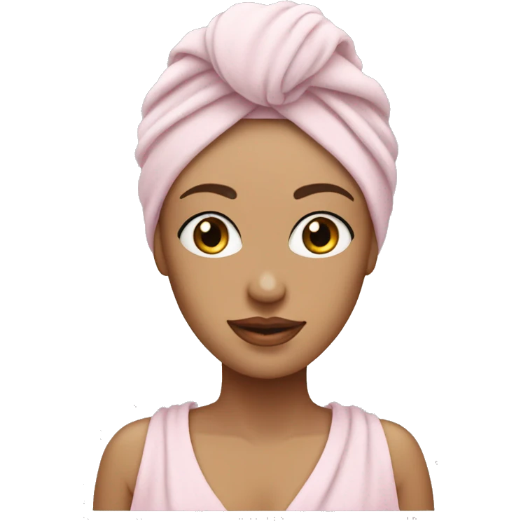 White Woman wearing pale pink towel turban with hazel eyes emoji