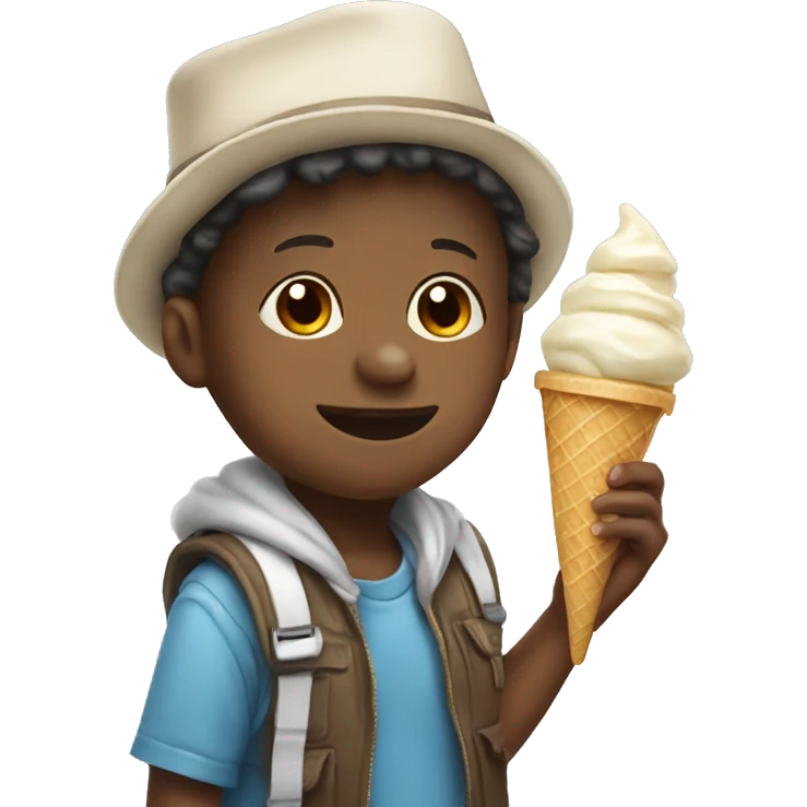 Child wearing a weird hat and holding a ice cream emoji