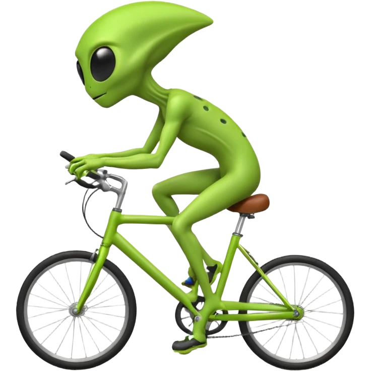green alien riding a bicycle, big black eyes, thin body, casual cycling pose, playful sci-fi vibe, 3D cartoon, mobile game icon style, clean background, no text, no watermark
 emoji