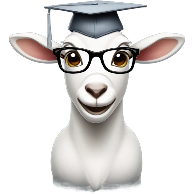 a smart nerdy goat wearing glasses and graduation hat smirking emoji