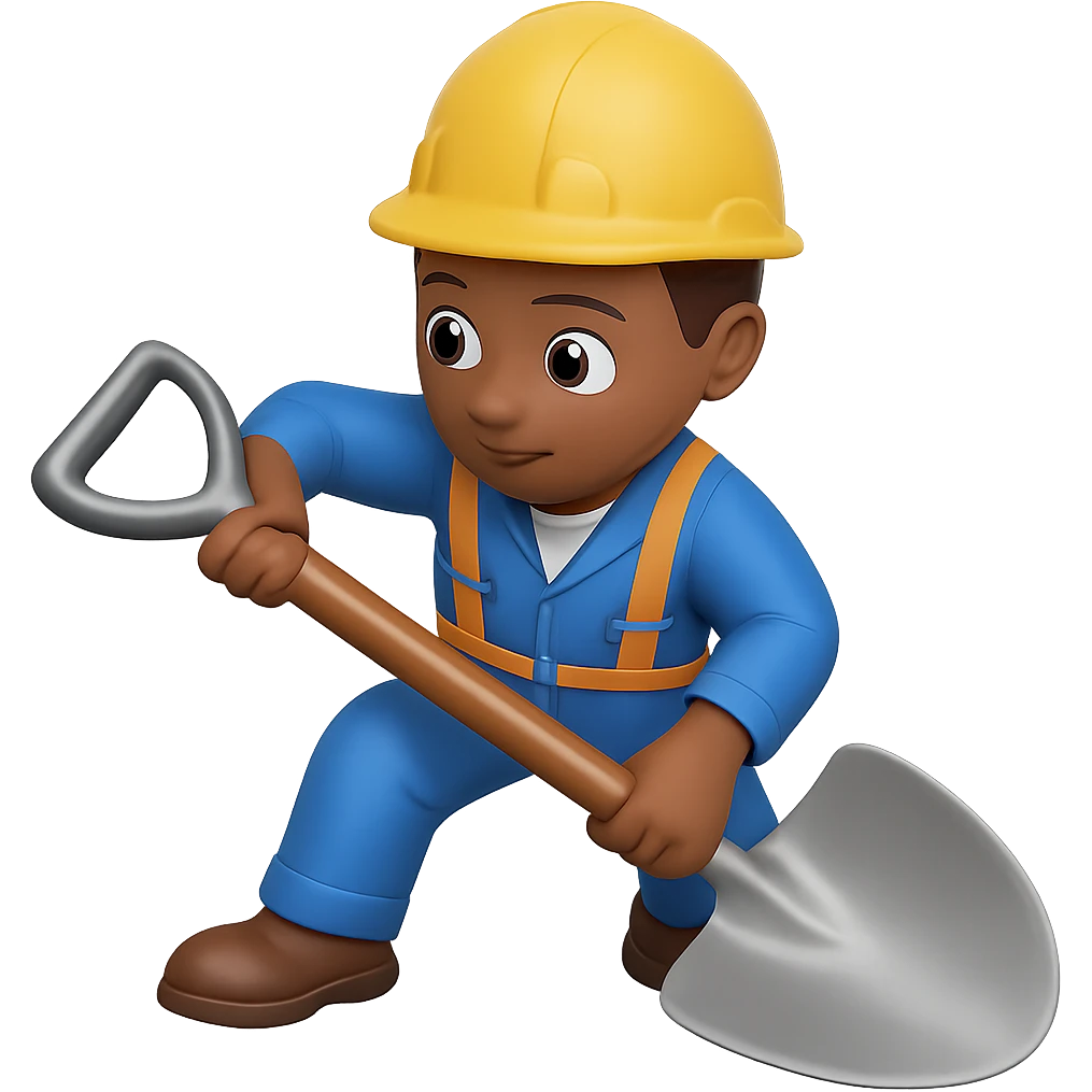Make the shovel much larger and more prominent in the hands of the person digging, with no background. The style should be consistent with the original image. emoji