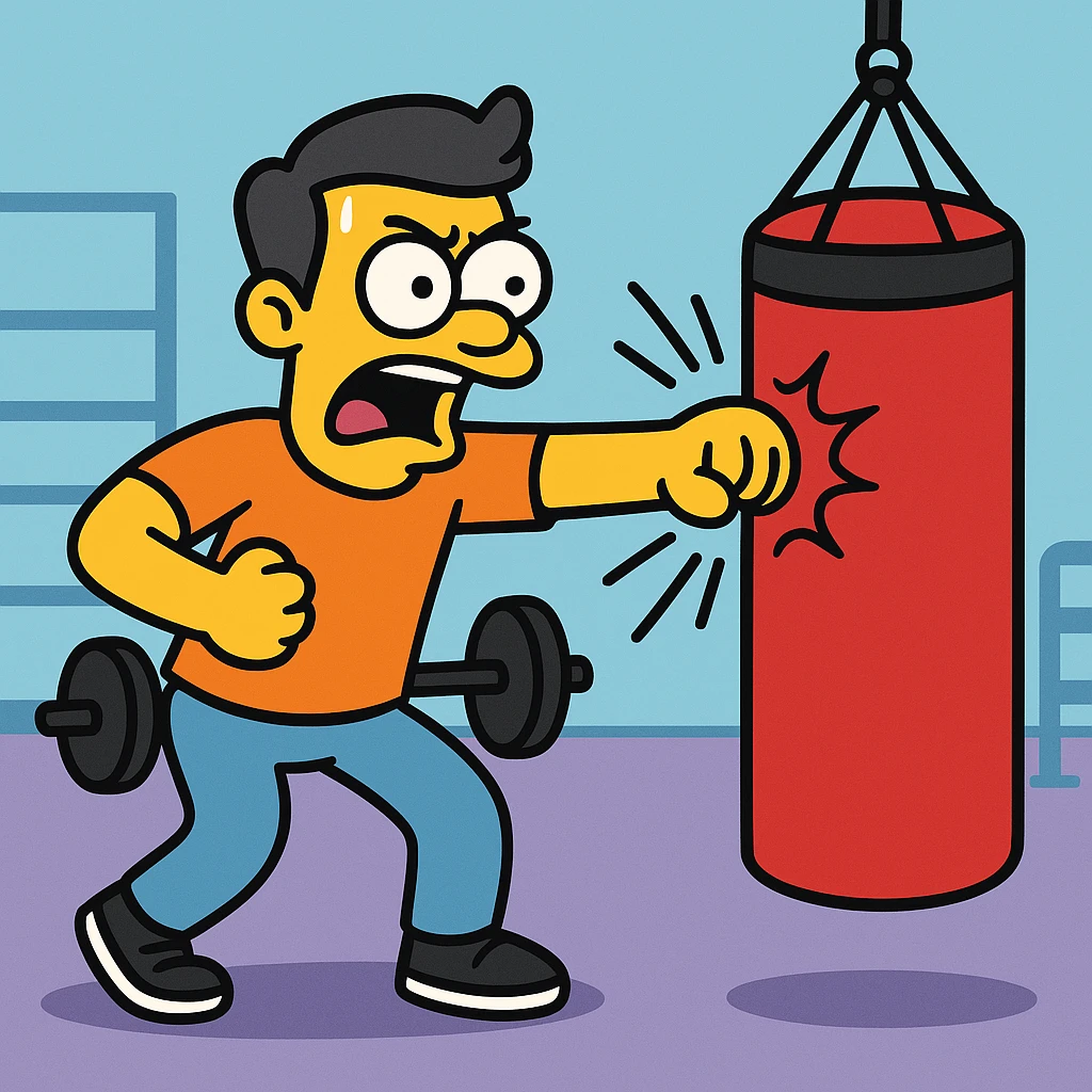 Hit a punching bag – to punch a padded bag for exercise or stress relief.
He went to the gym to hit a punching bag and blow off steam. Background Gym
 emoji