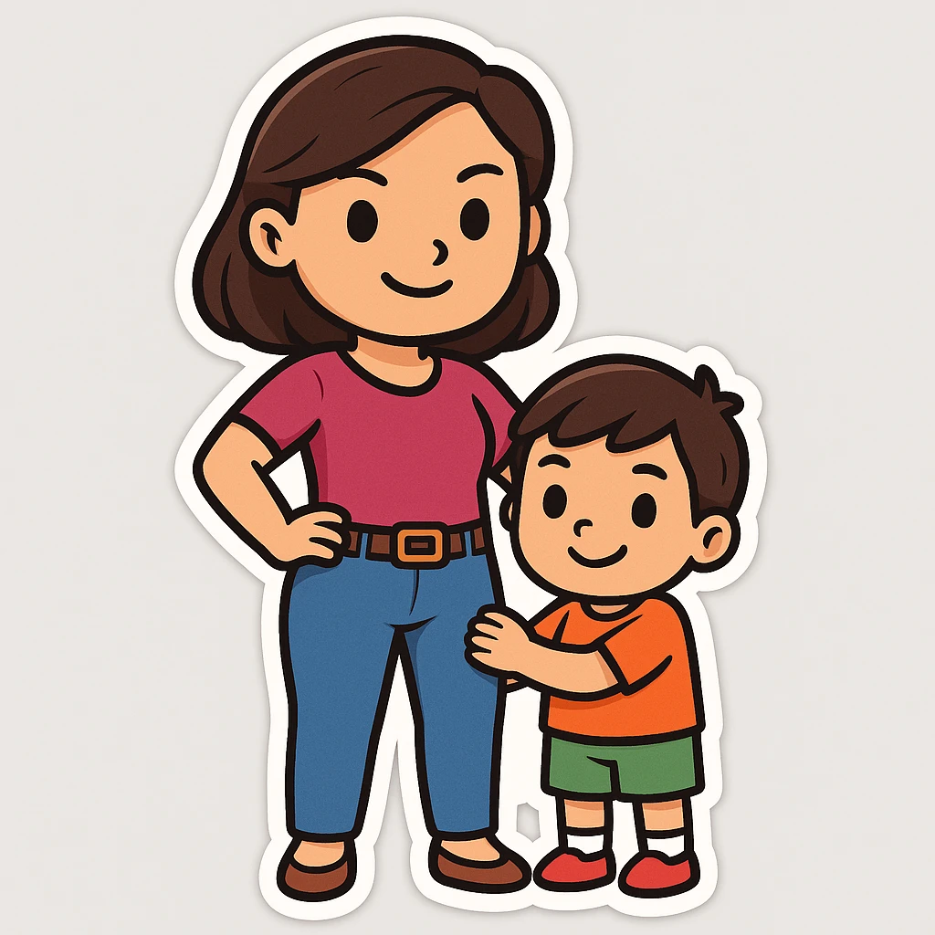 Create an image of a confident mom with a child by her side in the style of cartoonish stickers. The style is sticker, which does not support text editing, so use the general style editor to replicate the sticker look. emoji