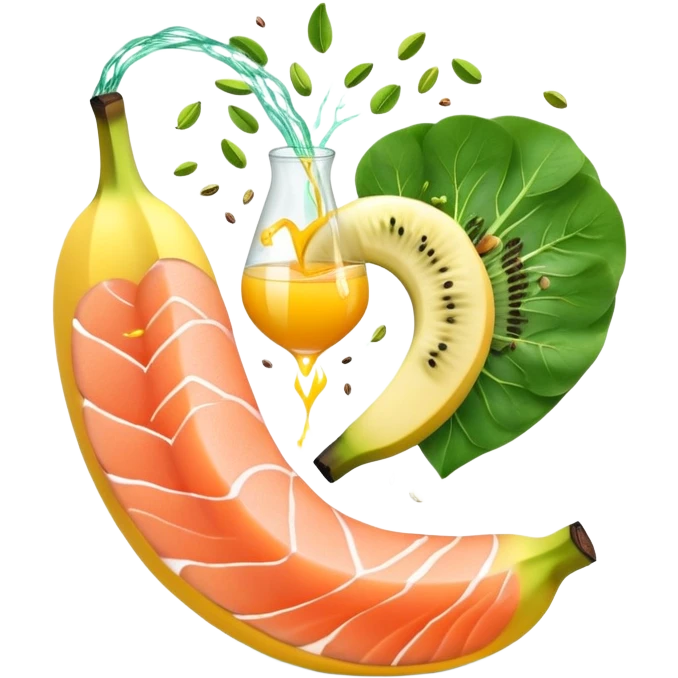 Banana, spinach, salmon fillet, sliced kiwi, pistachios, and a glass of orange juice emitting electrical sparks that flow toward a heart and nervous system. The electrical currents highlight the role these potassium-rich foods play in maintaining heart rhythm and muscle function. emoji