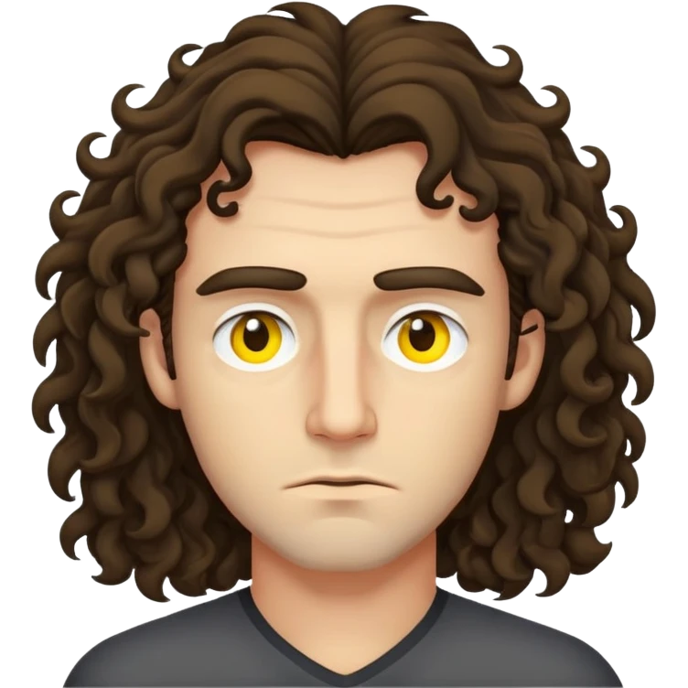 A man with sleppy eyes that are yellow with long to the neck curly brunnete hair who is a lil bit angry emoji