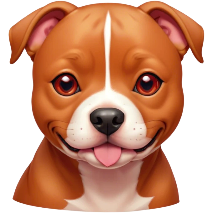 Cinematic Cute Red/Fawn Staffordshire Bull Terrier Portrait Emoji, Head tilted playfully and inquisitively, featuring a glossy red/fawn Fur with a vibrant sheen and delicate white accents, round, sparkling dark eyes filled with curiosity, Simplified yet irresistibly adorable features, highly detailed, glowing with a warm, friendly glow, high shine, affectionate and spirited, stylized with a touch of whimsy, bright and endearing, soft glowing outline, capturing the essence of a mischievous yet loving pup, so playful it feels like it could bound out of the screen and into your arms! emoji