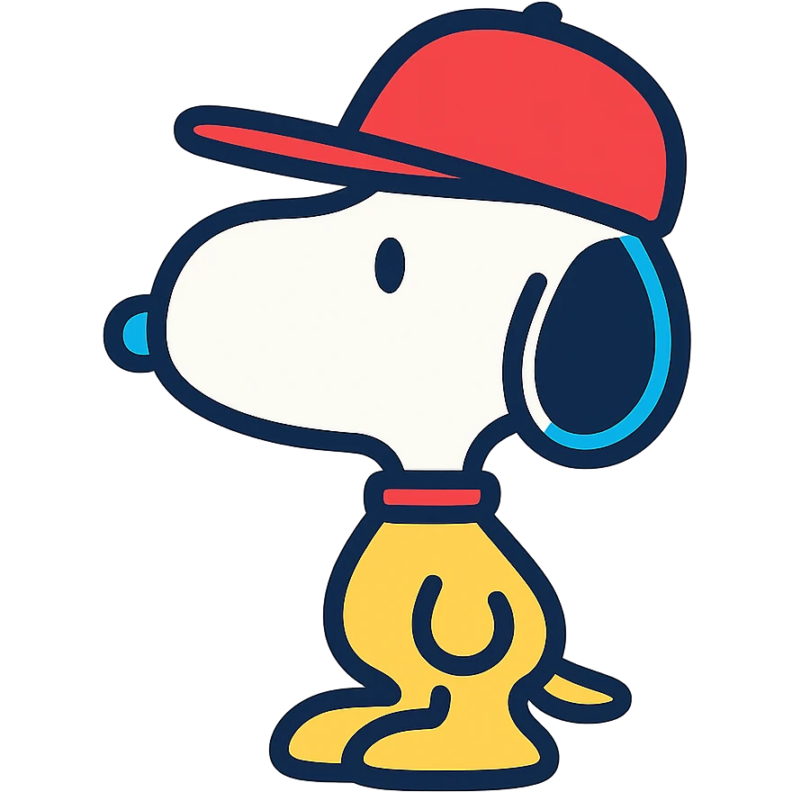 Snoopy, outlined and colorful, wearing a red hat emoji