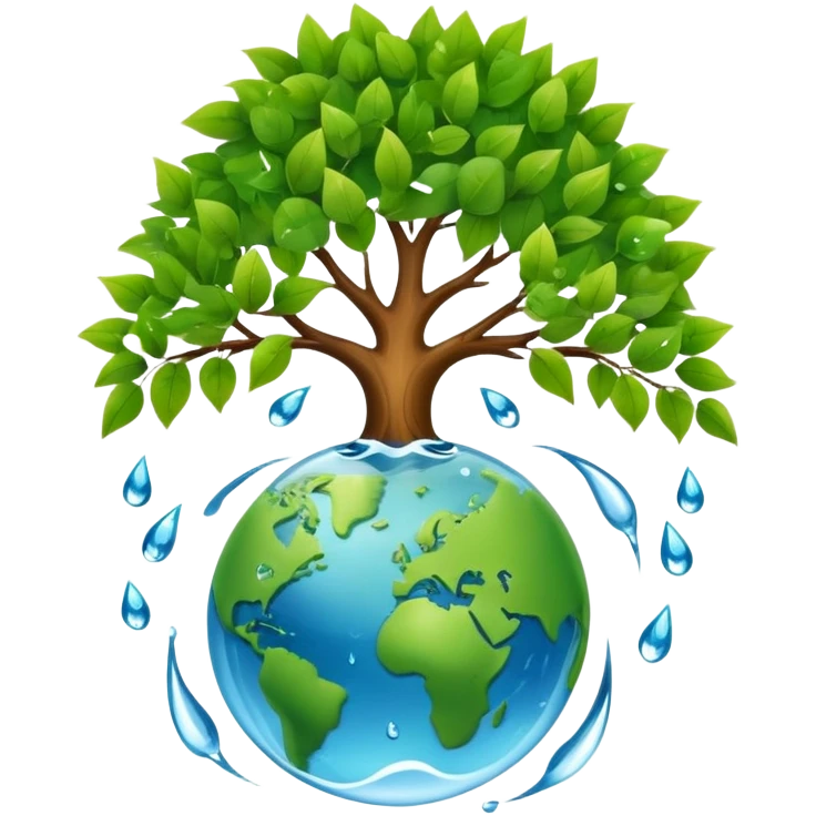 An icon featuring a tree, a recycling symbol, and a globe, representing ecology. The design includes green leaves, a water droplet, and wildlife, symbolizing the study of ecosystems, sustainability, and environmental protection. Transparent background. emoji
