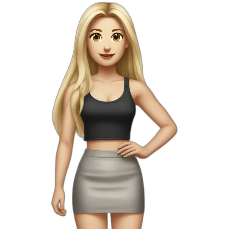 caucasian woman, with long straight hair, blonde hair, brown eyes, white tank top, gray tight mini skirt, black heel shoes, full body, hyperrealist drawing emoji