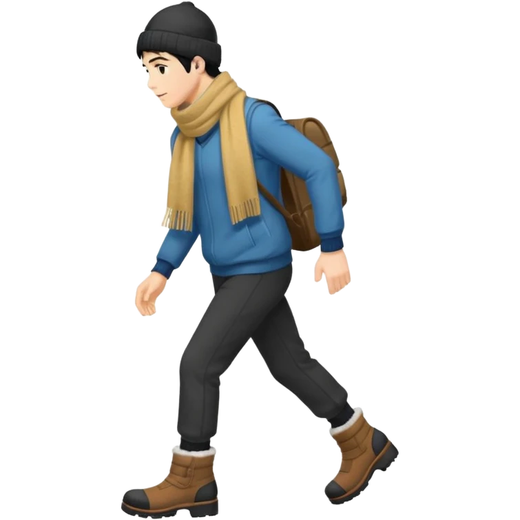 The Walking Man black hair all body from the side and taking a step in winter clothes emoji