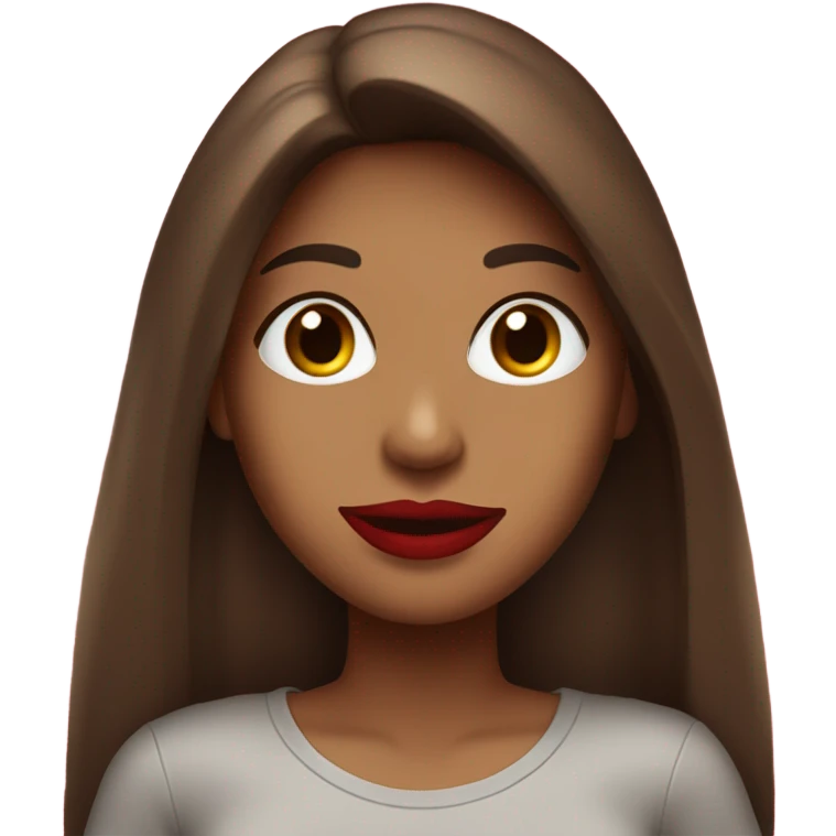 light brown lady, dark brown long straight hair, red lips, eyelashes, wearing red “happy Valentine’s Day” t shirt emoji