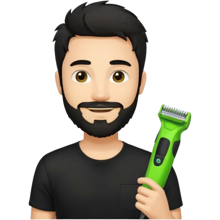 handsome young man, fair complexion, messy black hair and beard, smiling, black t-shirt, holding one small true-to-size bright lime green face beard trimmer, iOS emoji style emoji