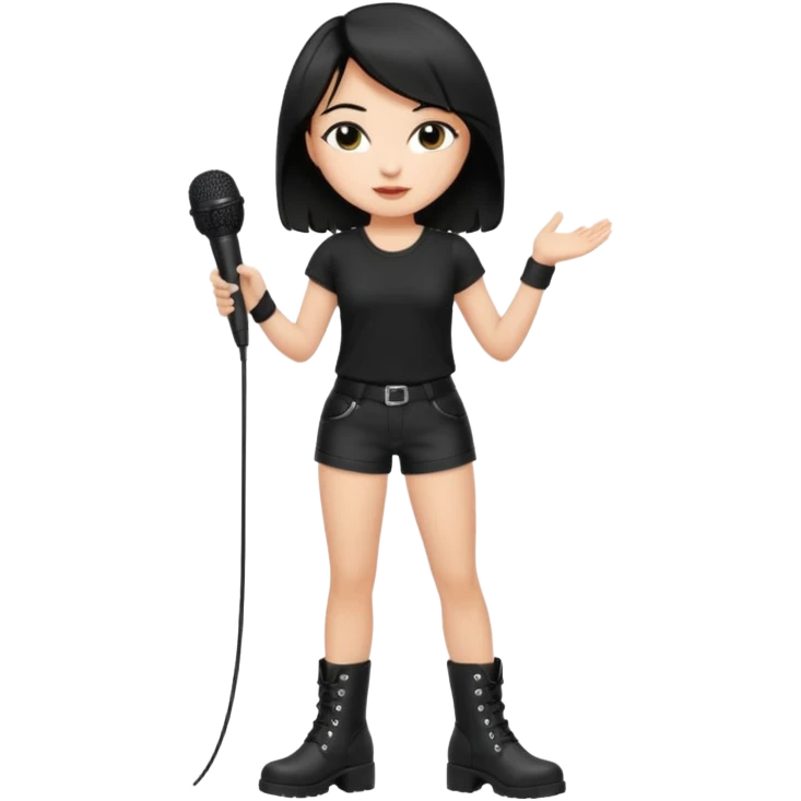 Crie uma cantora morena charmosa de shortes top e bota com microfone branca e cabelo preto Bota preta roupa preta emoji