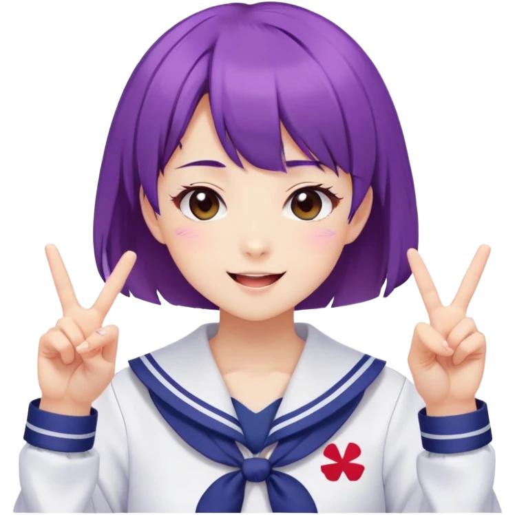 Energetic anime girl with short purple hair wearing Japanese sailor style school uniform, winking and making double peace signs, very cheerful and bubbly, kawaii style emoji