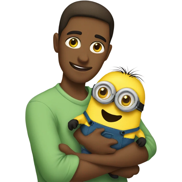 men, brown eyes holding between his arms a minion with green eyes emoji