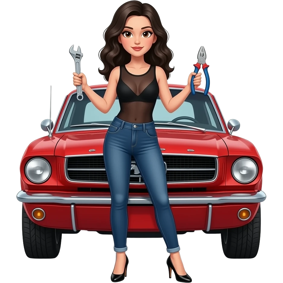 Pale girl with wavy jet black hair and brown eyes in front of a red ford mustang 1968 coupe. Girl wearing a sheer black sleeveless top, low rounded neckline, jeans and heels with visible toes. Girl holding an adjustable wrench in his right hand and a pair of multi-grip pliers in his left hand. emoji