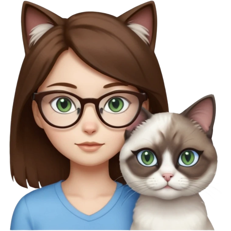 O fata cu parul saten cu ochii griji-albastrii ,ochelari și codițe de pisica ..și langa o pisicuță alba pufoasa ,cu ochii verzi și o a doua pisica siameza pufoasa cu capul maro -negru și coada ,restul corpului un maro deschis spre alb  , ochii albaștrii  emoji