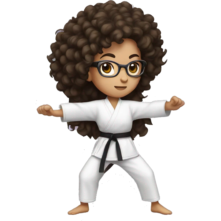 Long curly haired brunette girl with glasses doing karate stance emoji