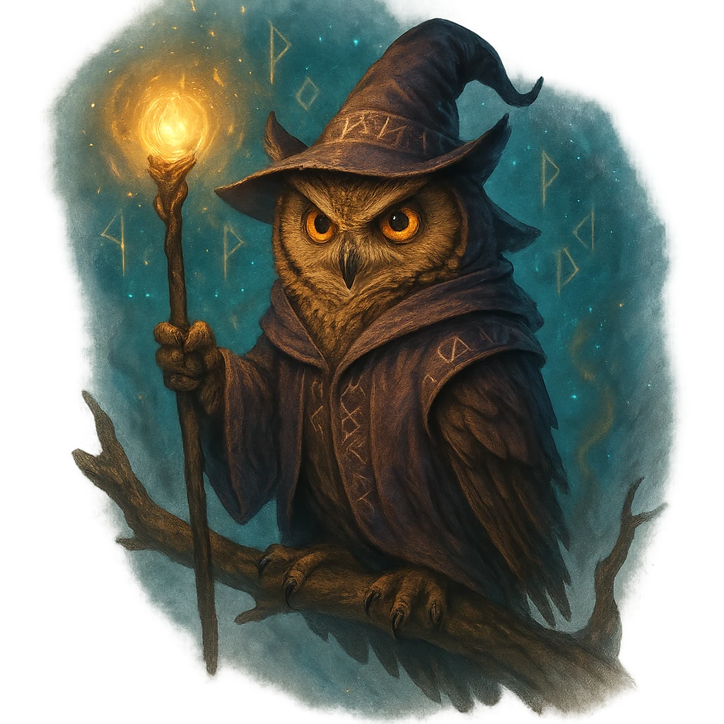 A wise owl wizard in a fantasy style, perched on a branch, glowing staff, ancient runes, mystical background. emoji
