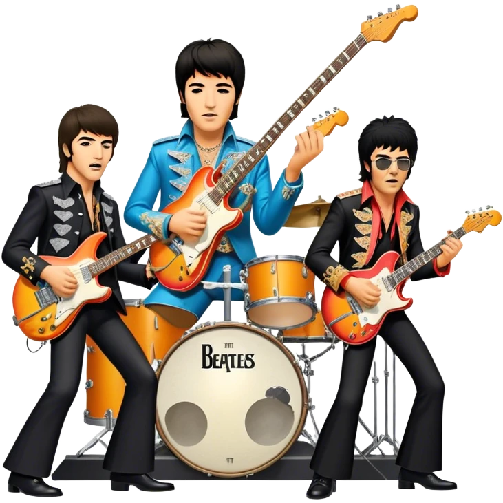 Rock music icon: vibrant stage with electric guitars, drums, and amplifiers. Collage of rock legends—The Beatles, Jimi Hendrix, and Elvis Presley—capturing the rebellious spirit and timeless energy of rock music. Transparent background. emoji