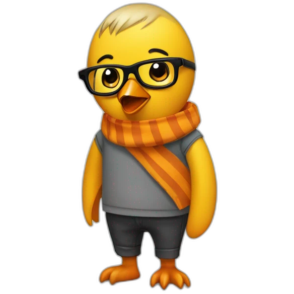 Club-Pengun-yellow penguin with black glasses dirtyblonde hair with orange tshirt and gray striped scarf emoji