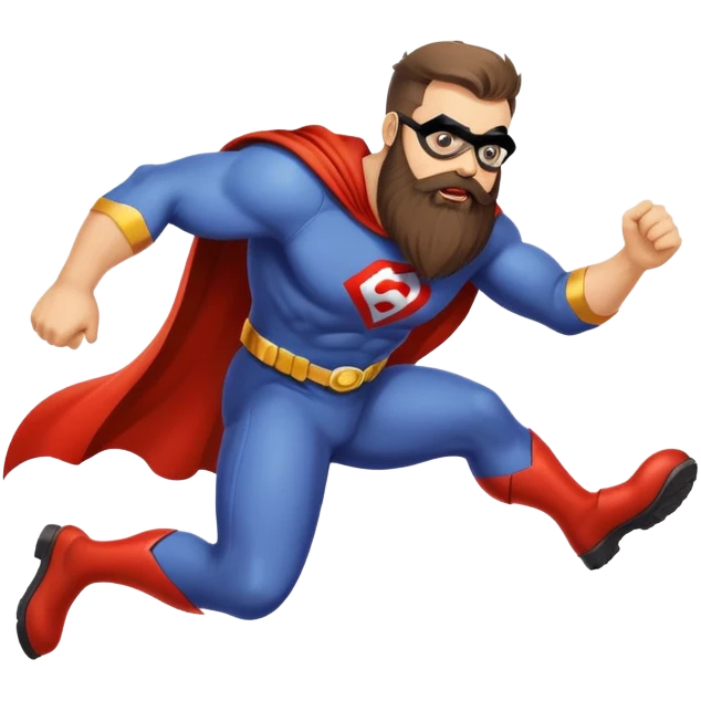 funny superhero with oversized beard tripping on his beard, clumsy superhero emoji