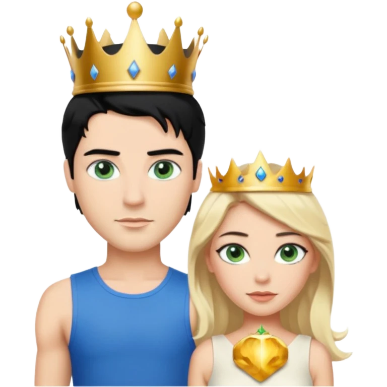 Prince with crown, black hair, body, legst, blue eyes, woman blonde hair, green eyes, sexy white short sleveless dress,  emoji
