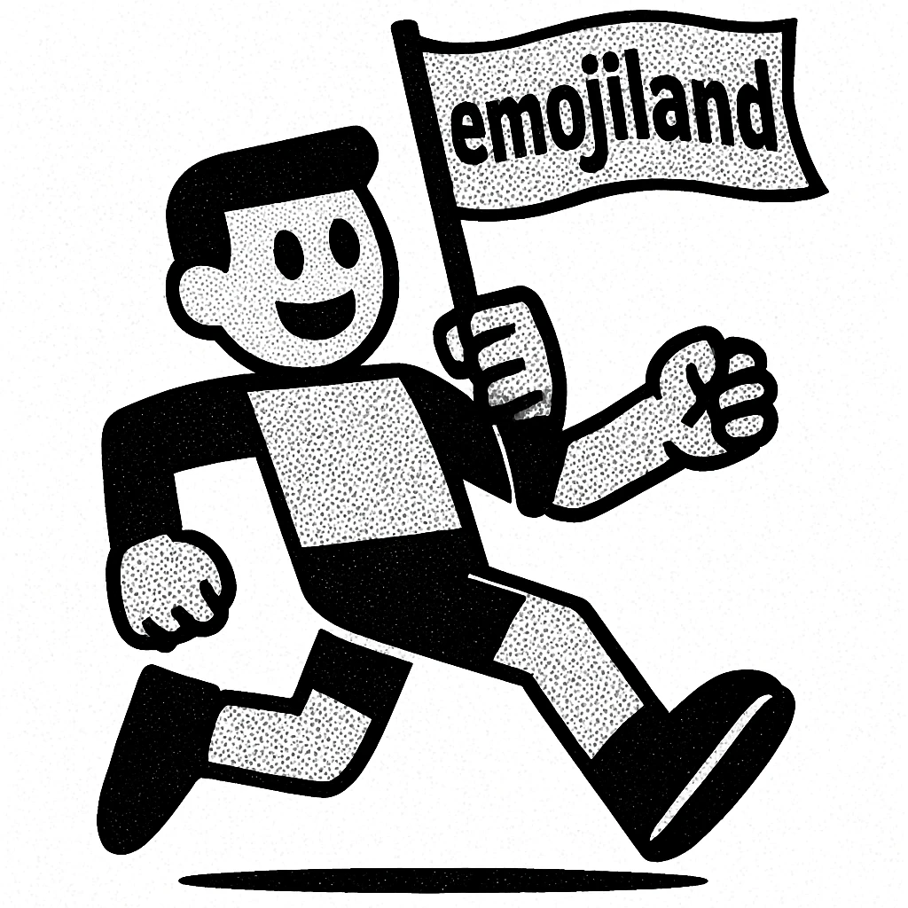happy runner waving a flag that says 'emojiland' emoji