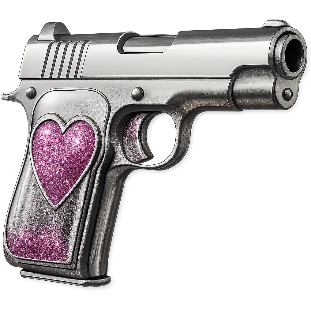 Add sparkling glitter details to the chrome pink heart pistol, keeping the shiny metallic reflections, with no background. emoji