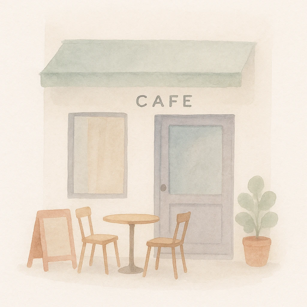a cafe storefront, gentle brushstrokes, inviting look, watercolor art style emoji