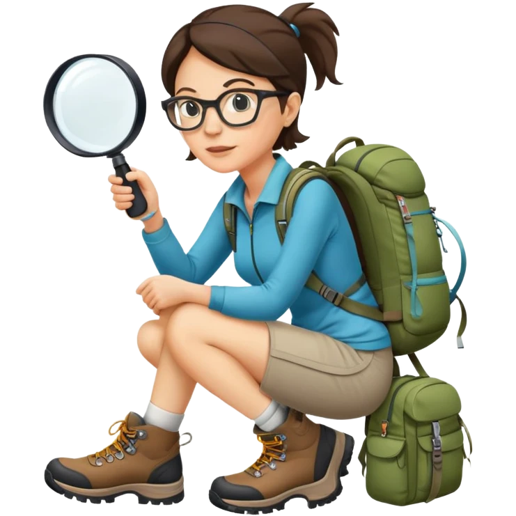 Woman in her 40s with glasses wearing sporty outfit, hiking boots, and backpack, holding a magnifying glass and looking curious emoji